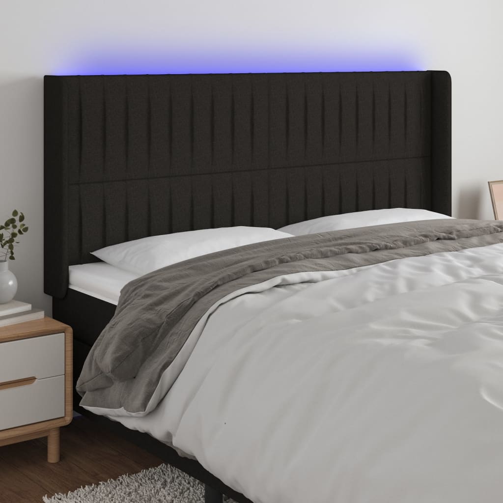 vidaXL Cabeceira de cama c/ luzes LED tecido 163x16x118/128 cm preto