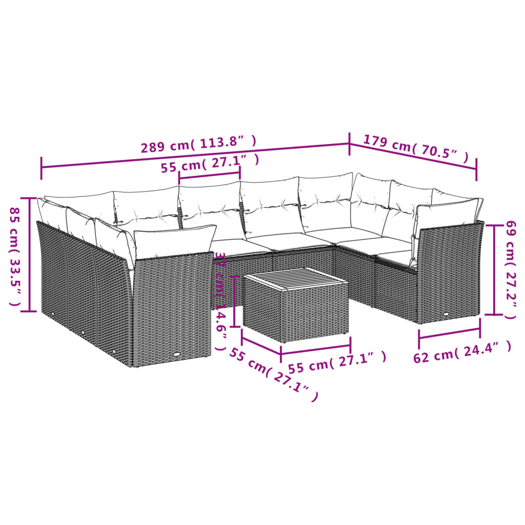 vidaXL 10 pcs conjunto sofás de jardim c/ almofadões vime PE preto