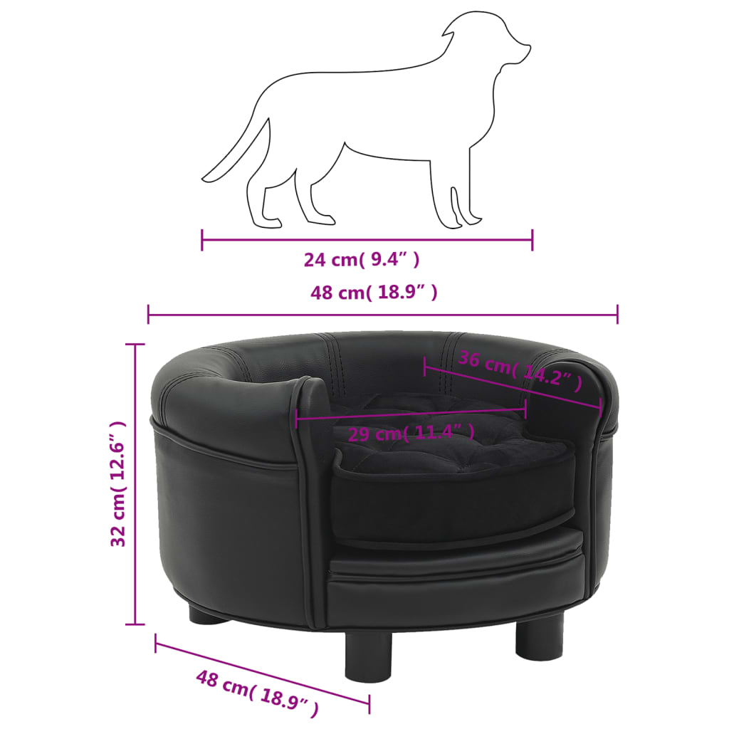 vidaXL Sofá para cães 48x48x32 cm pelúcia e couro artificial preto
