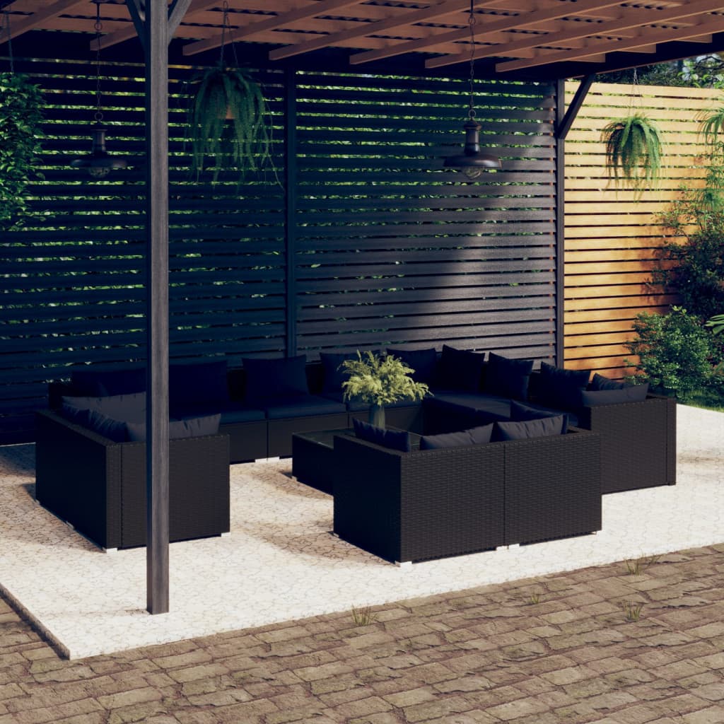 vidaXL 13 pcs conjunto lounge de jardim c/ almofadões vime PE preto