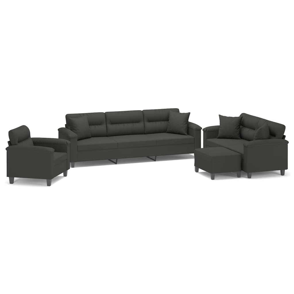 vidaXL 4 pcs conjunto sofás c/ almofadas microfibra cinza-escuro