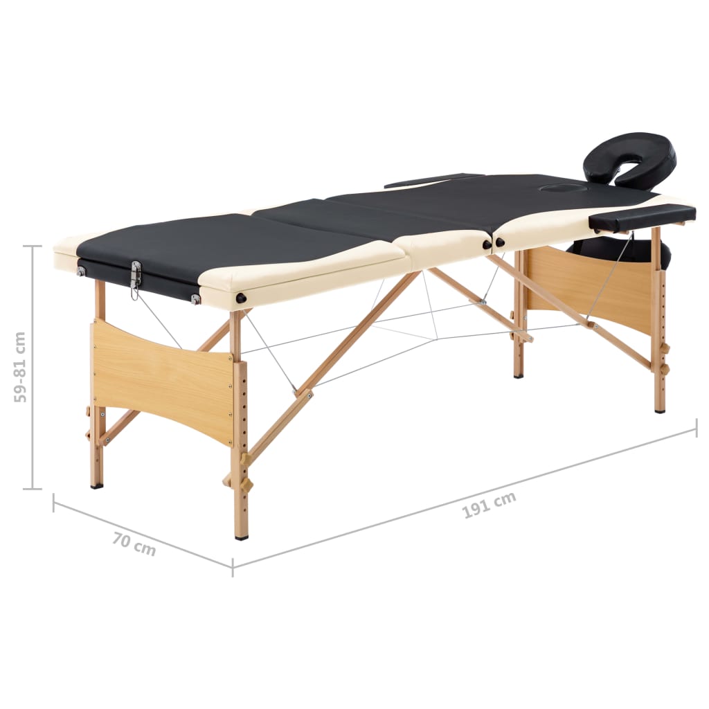 vidaXL Mesa de massagens dobrável 3 zonas madeira preto e bege