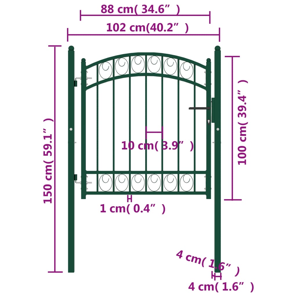 vidaXL Portão para cerca com topo arqueado 100x100 cm aço verde