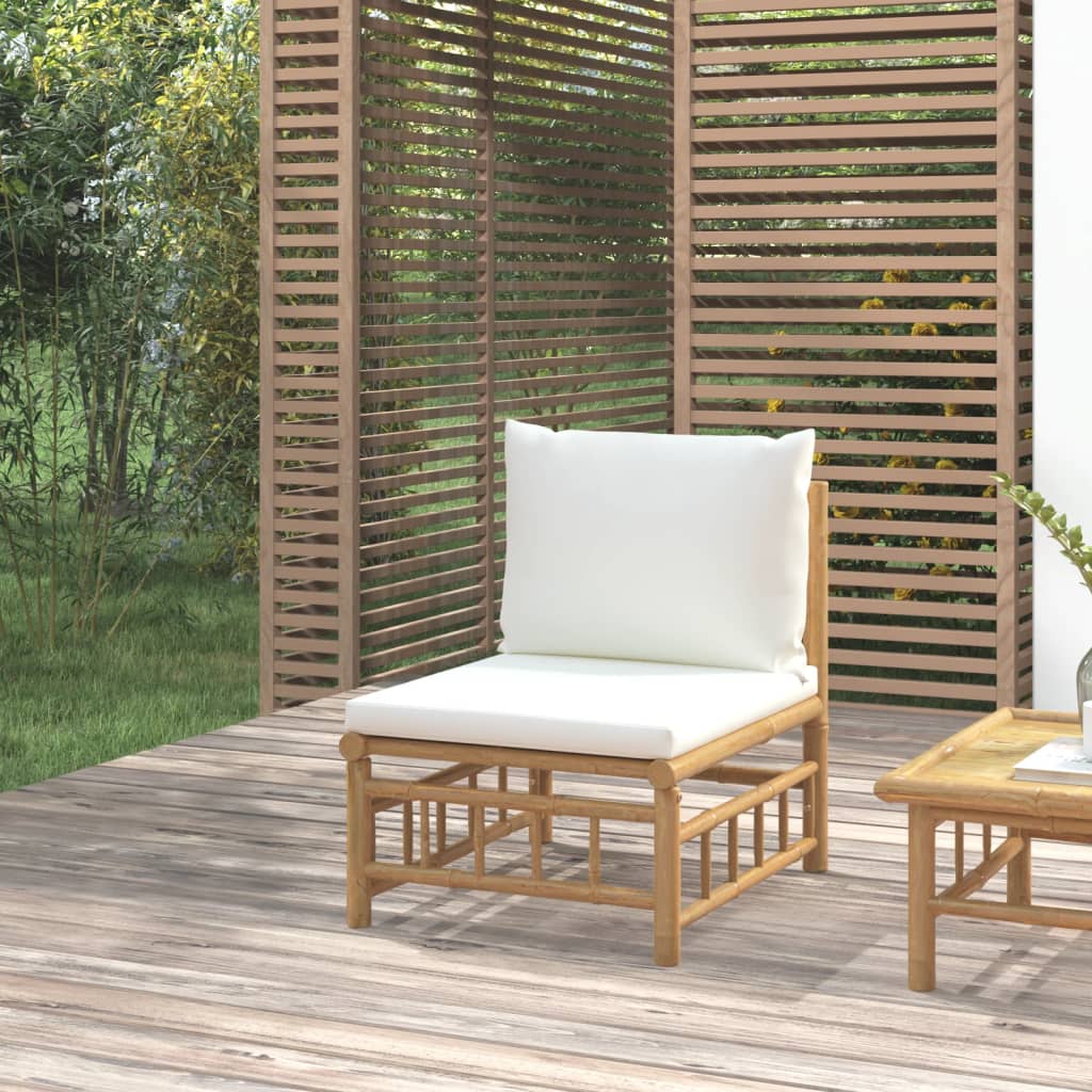 vidaXL Sofá de centro de jardim bambu com almofadões branco nata
