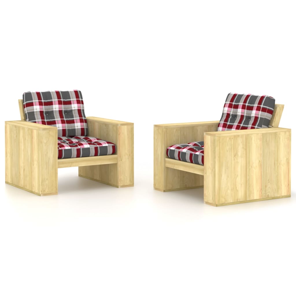 vidaXL Cadeiras de jardim 2 pcs c/ almofadões xadrez vermelho pinho