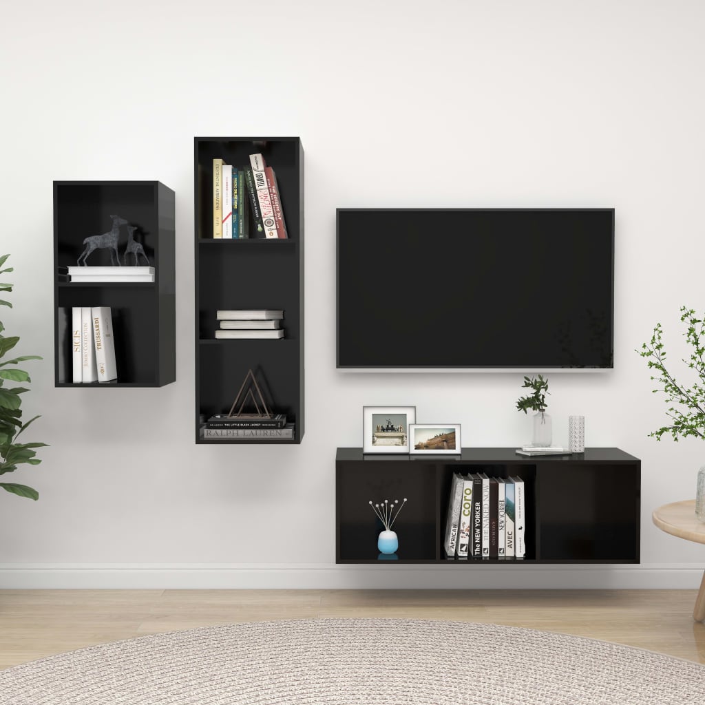 vidaXL 3 pcs conjunto de móveis de TV contraplacado preto brilhante