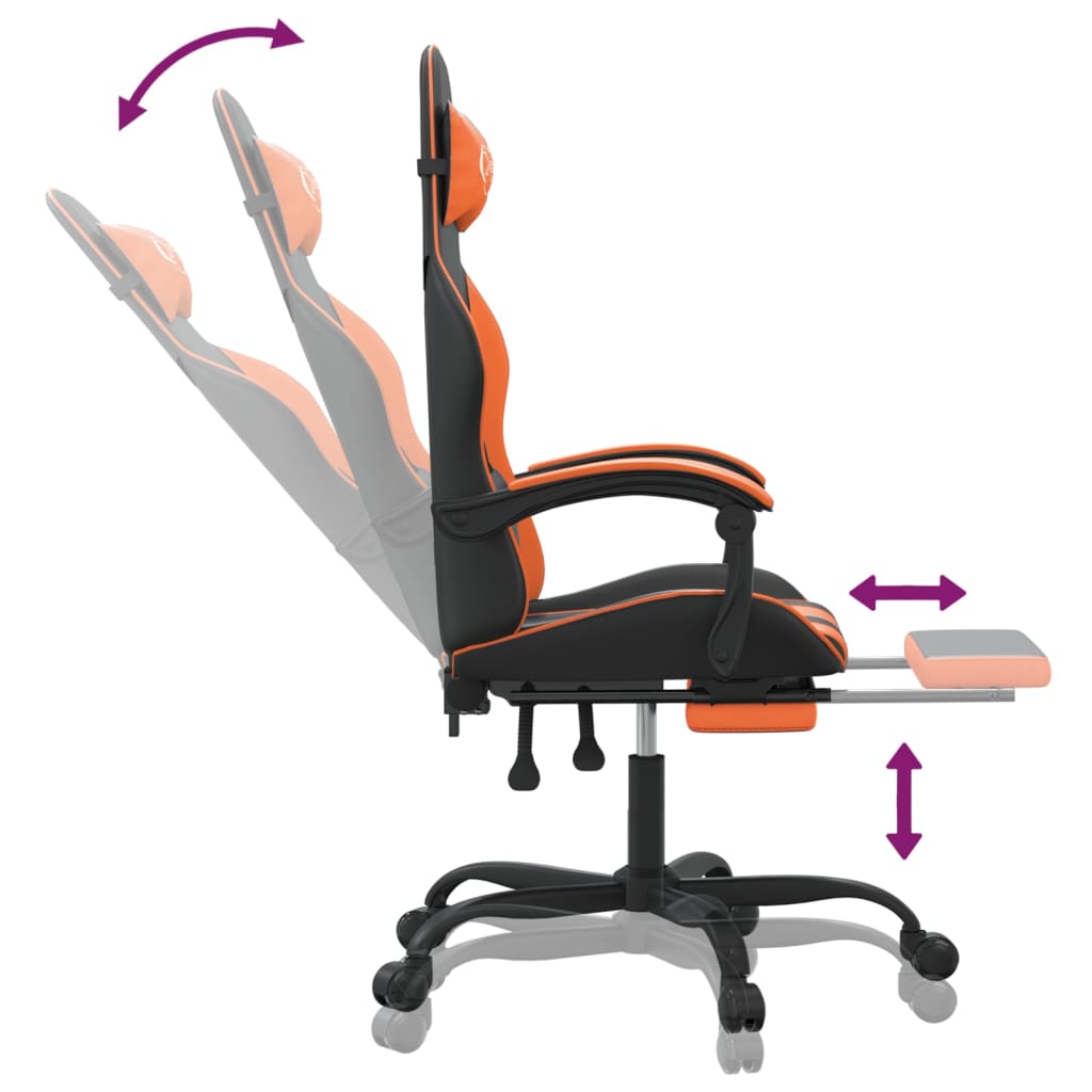 vidaXL Cadeira gaming giratória+apoio pés couro artif. preto/laranja