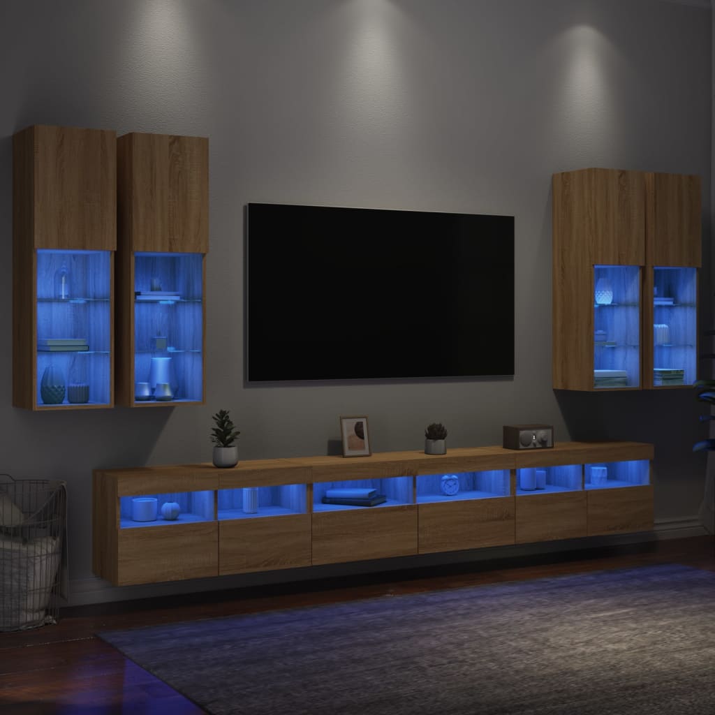 vidaXL 7 pcs conj. móveis de parede p/ TV c/ luzes LED carvalho sonoma