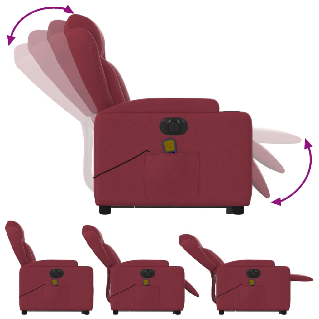 vidaXL Poltrona elevatória de massagens elétrica tecido vermelho tinto