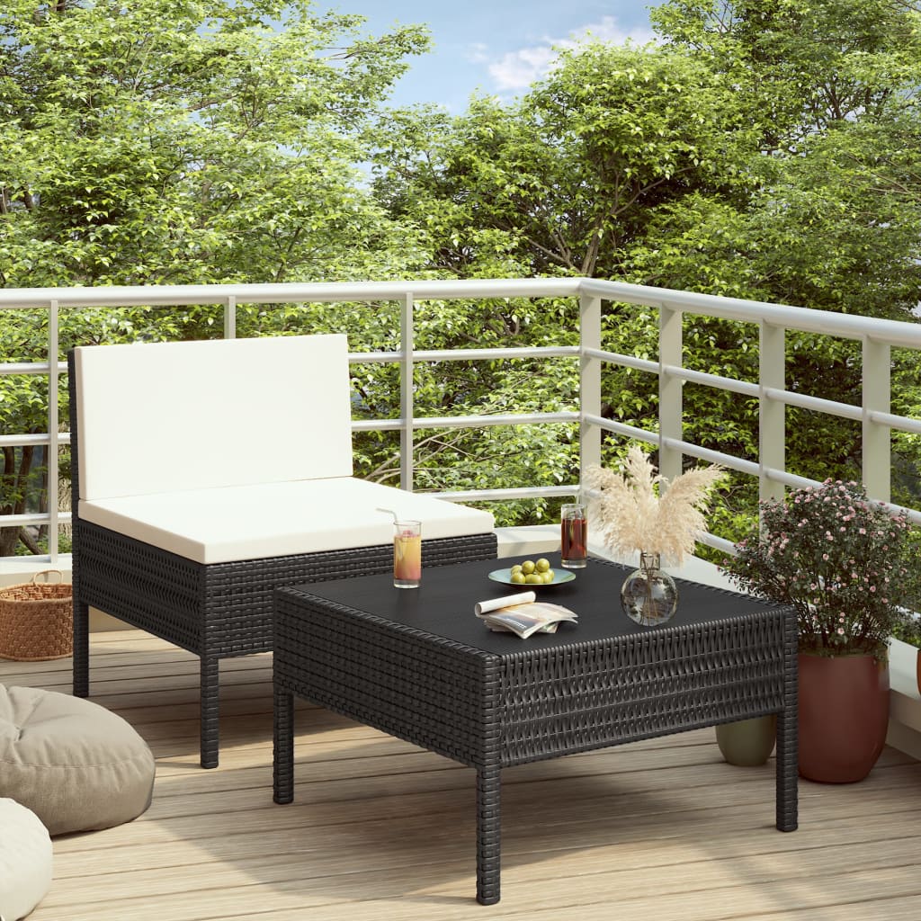 vidaXL 2 pcs conjunto lounge de jardim c/ almofadões vime PE preto