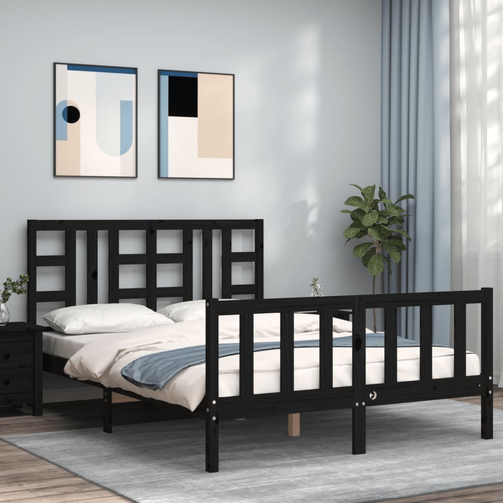 vidaXL Estrutura de cama de casal com cabeceira madeira maciça preto