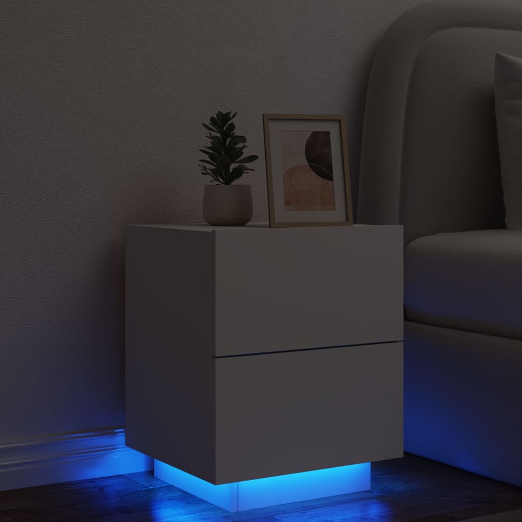 vidaXL Mesa de cabeceira com luzes LED derivados de madeira branco