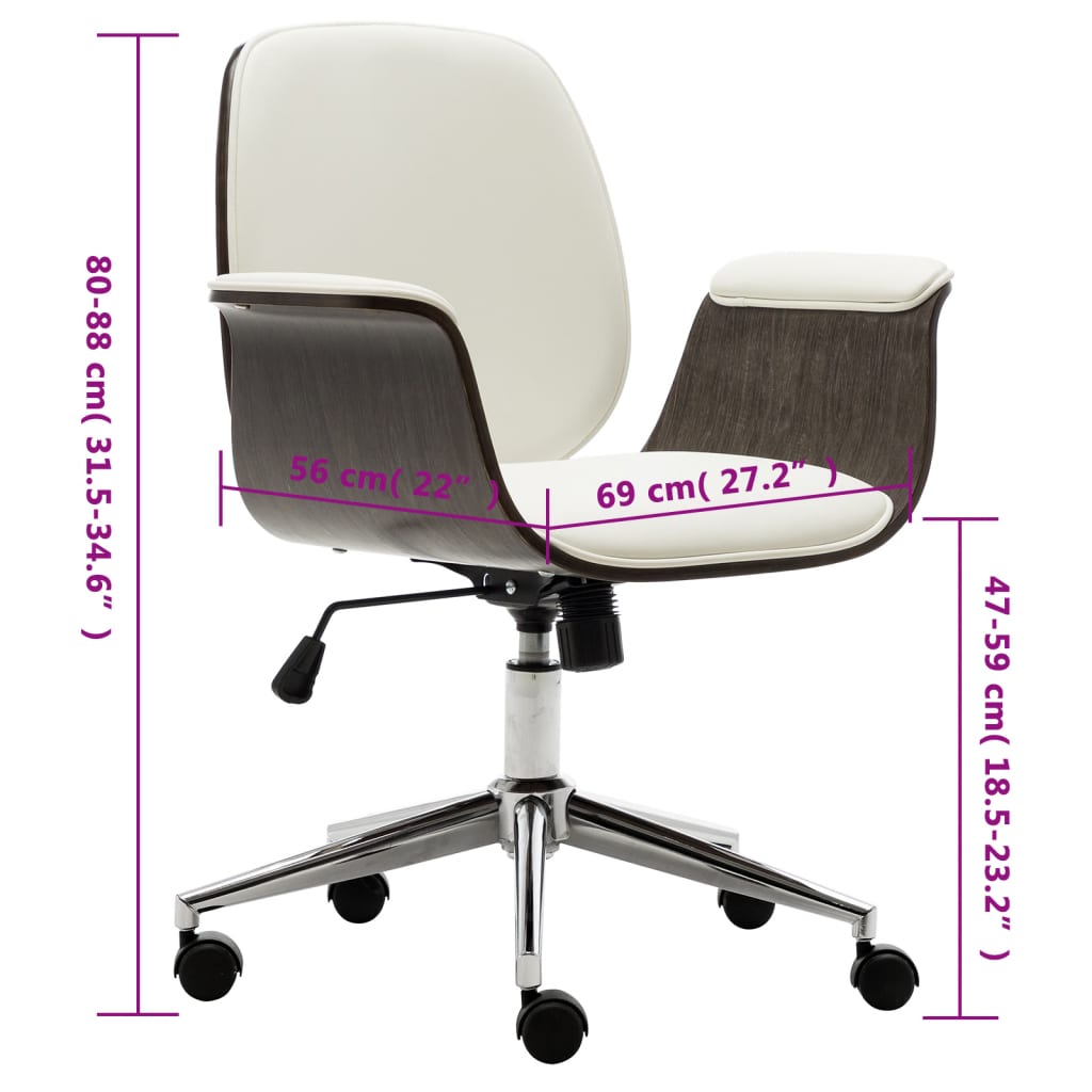 vidaXL Cadeira de escritório madeira curvada e couro artificial branco