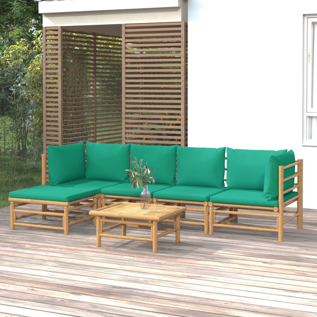 vidaXL 6 pcs conjunto lounge de jardim bambu c/ almofadões verdes
