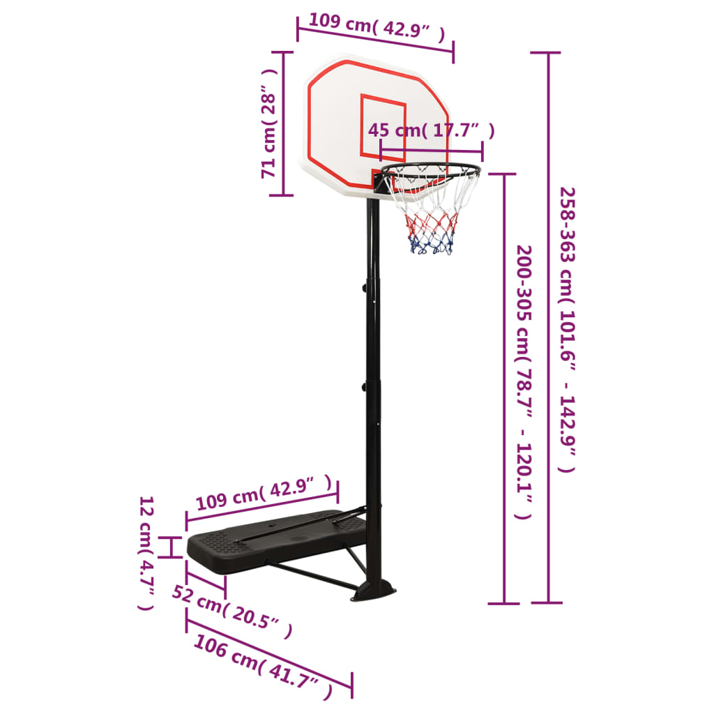 vidaXL Tabela de basquetebol 258-363 cm polietileno branco