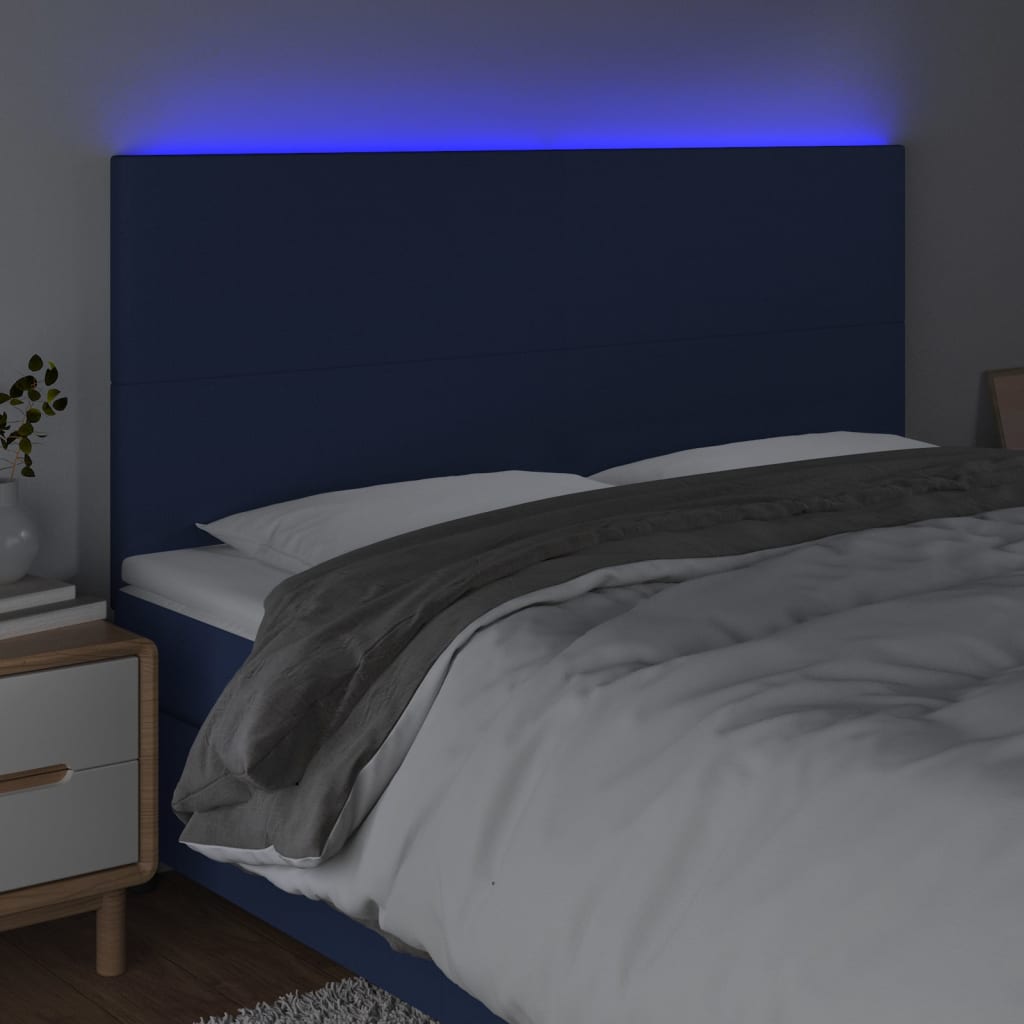 vidaXL Cabeceira de cama c/ luzes LED tecido 200x5x118/128 cm azul