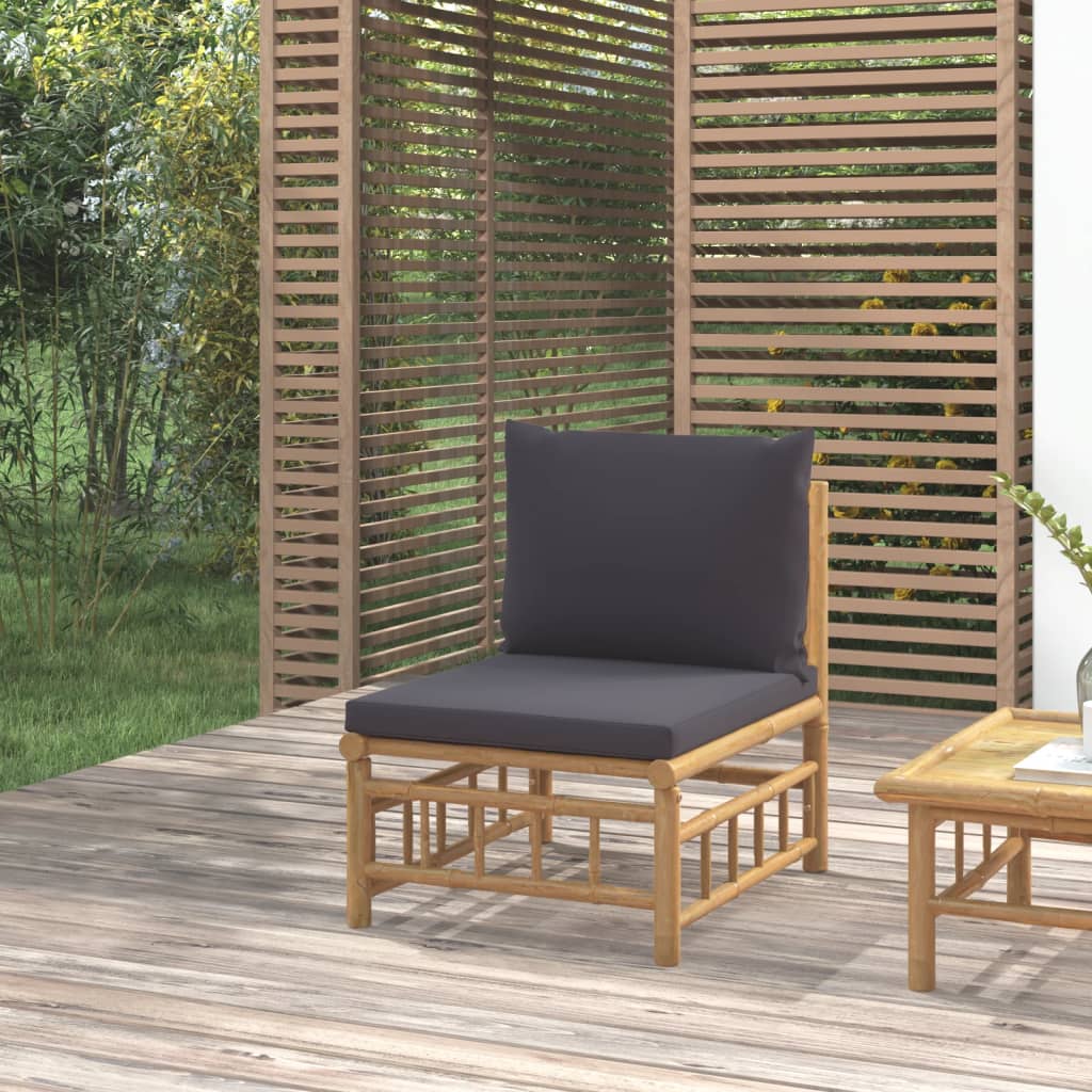 vidaXL Sofá de centro de jardim bambu com almofadões cinzento-escuro
