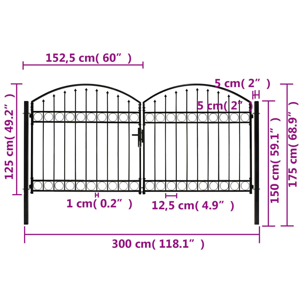vidaXL Portão p/ cerca porta dupla e topo arqueado 300x125cm aço preto