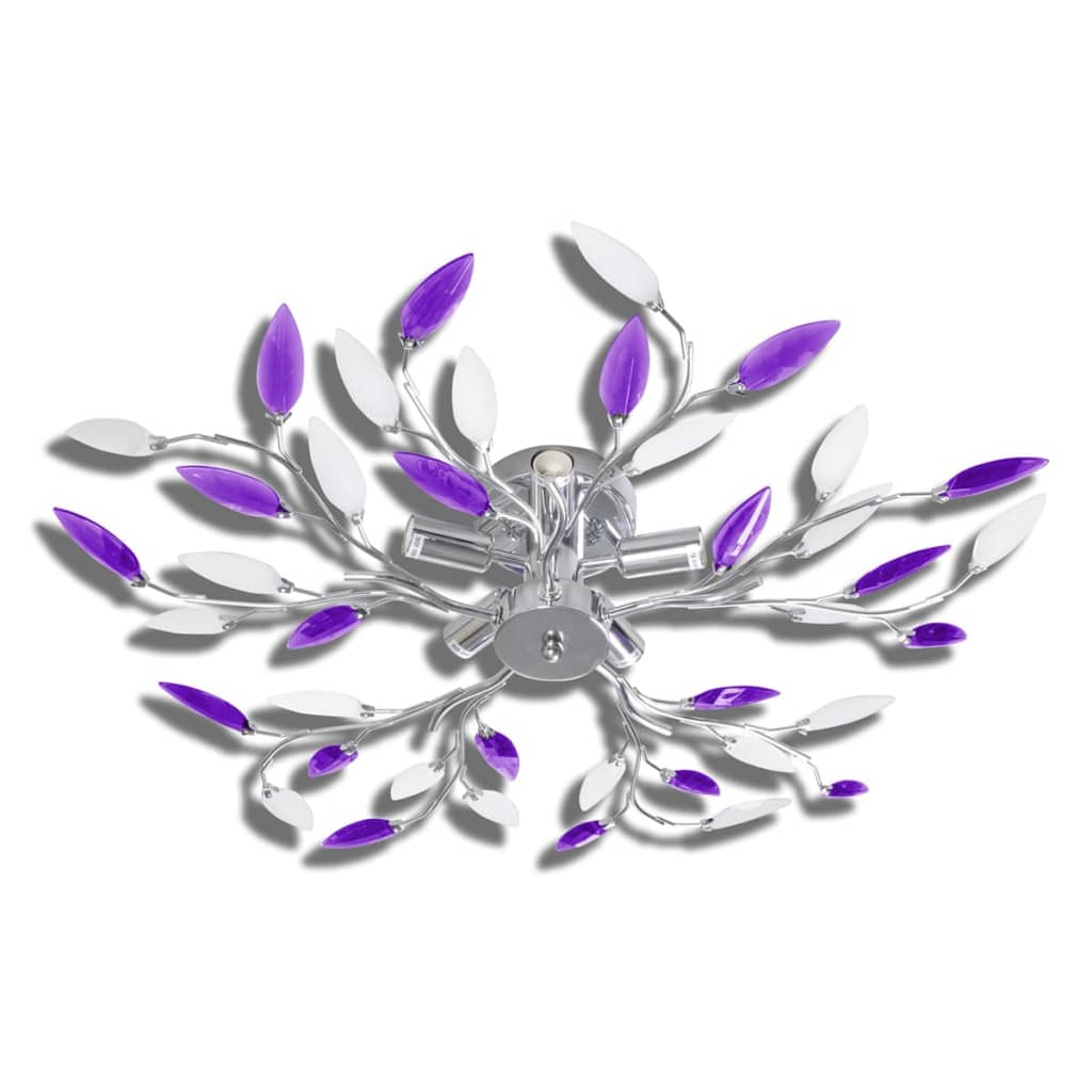Lâmpada teto com folhas de acrílico e cristal, branca e lilás, 5 x E14