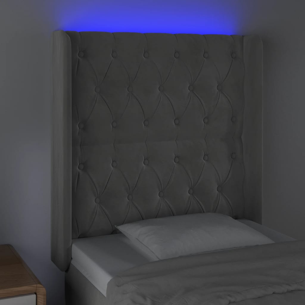 vidaXL Cabeceira cama c/ luzes LED veludo 83x16x118/128 cm cinza-claro