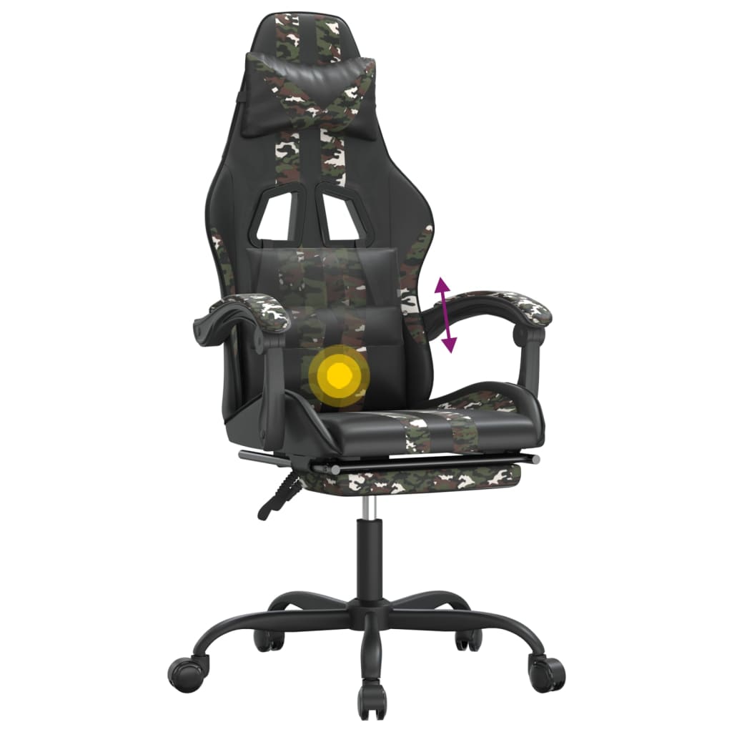 vidaXL Cadeira gaming giratória + apoio pés couro art. preto/camuflado