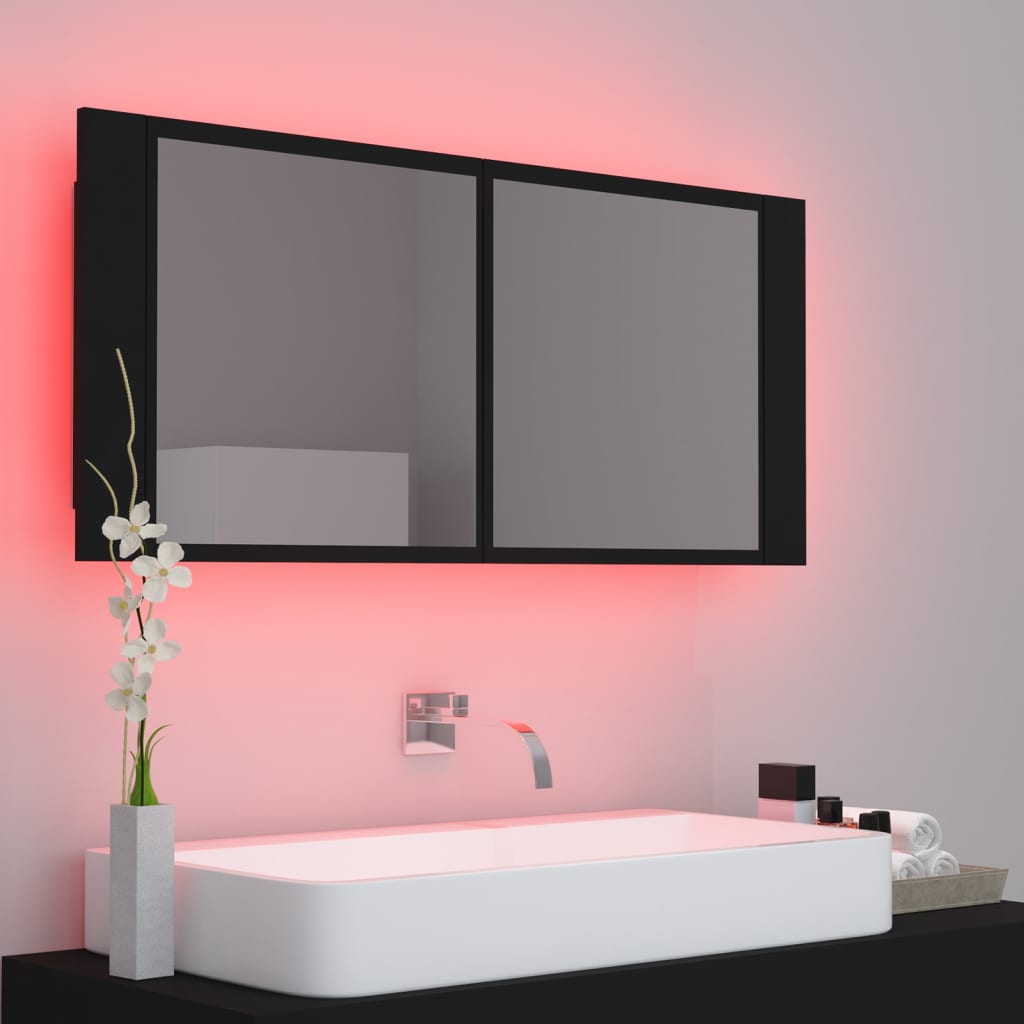 vidaXL Armário espelhado casa de banho LED 100x12x45cm acrílico preto
