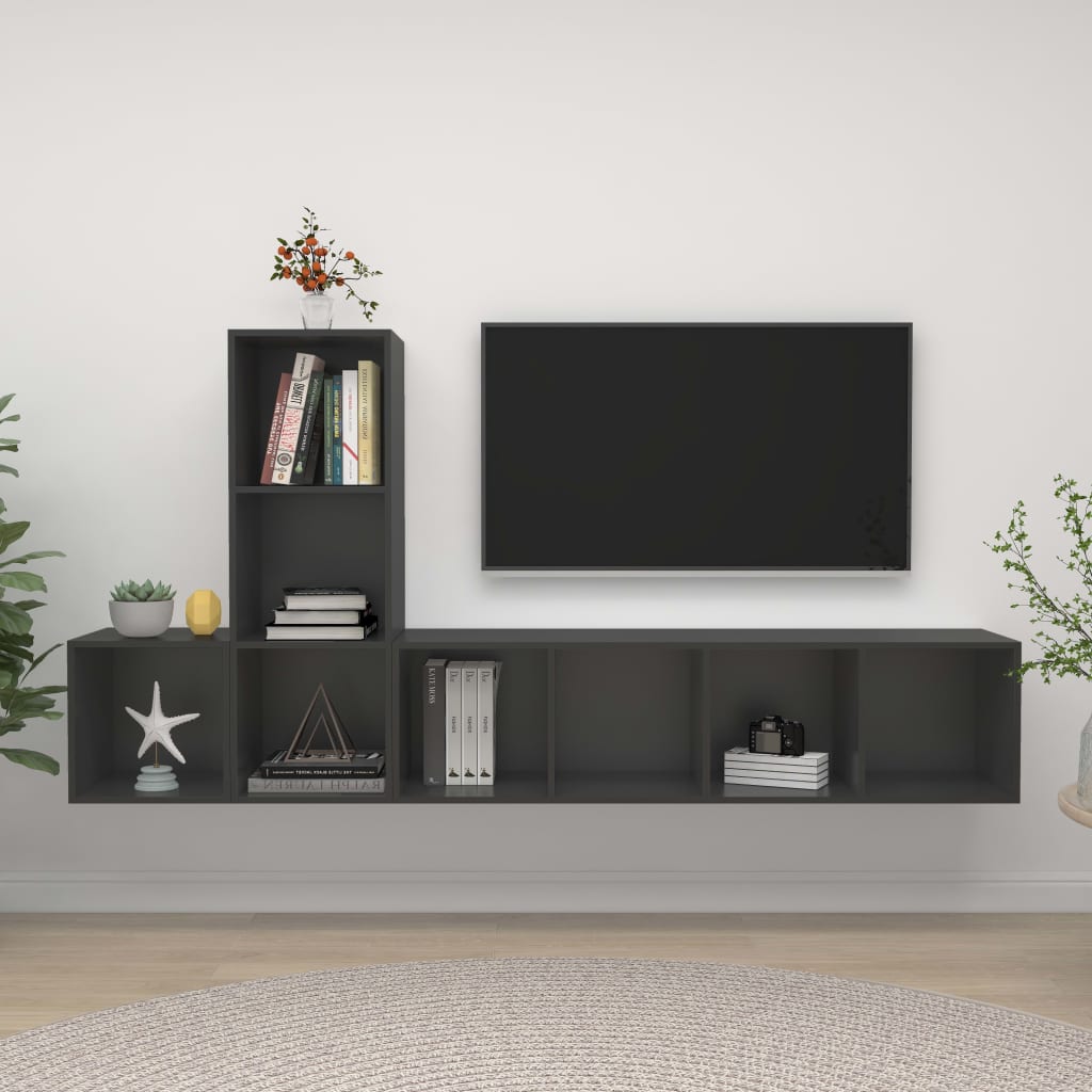 vidaXL 3 pcs conjunto de móveis de TV contraplacado cinzento