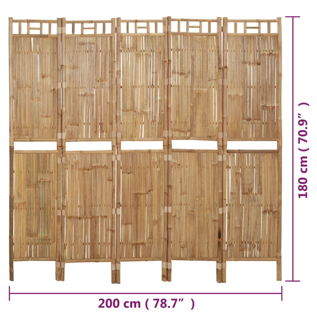 vidaXL Biombo/divisória com 5 painéis 200x180 cm bambu