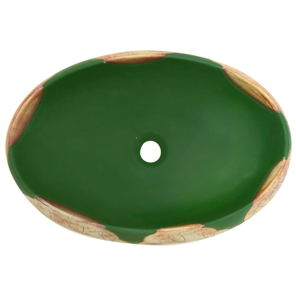 vidaXL Lavatório de bancada oval 59x40x15 cm cerâmica verde e castanho