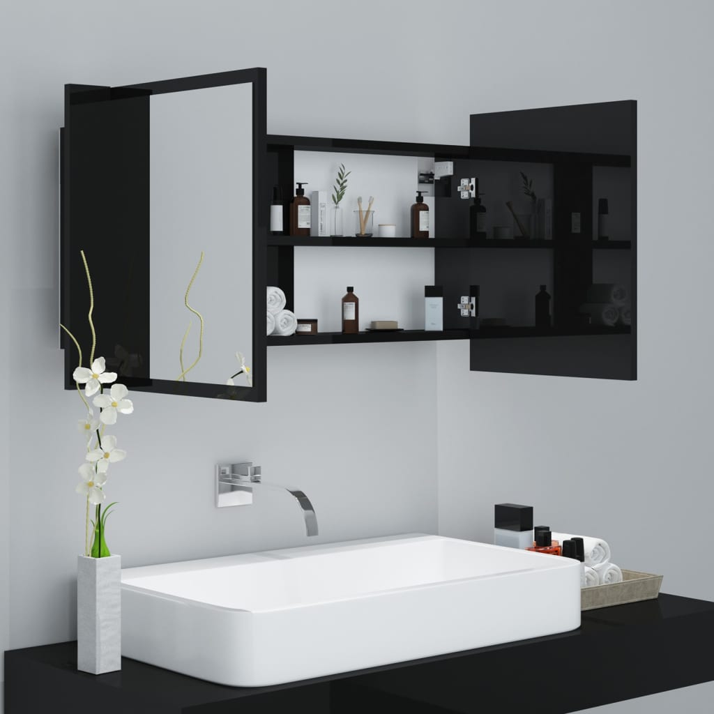 vidaXL Armário espelhado casa de banho LED acrílico preto brilhante