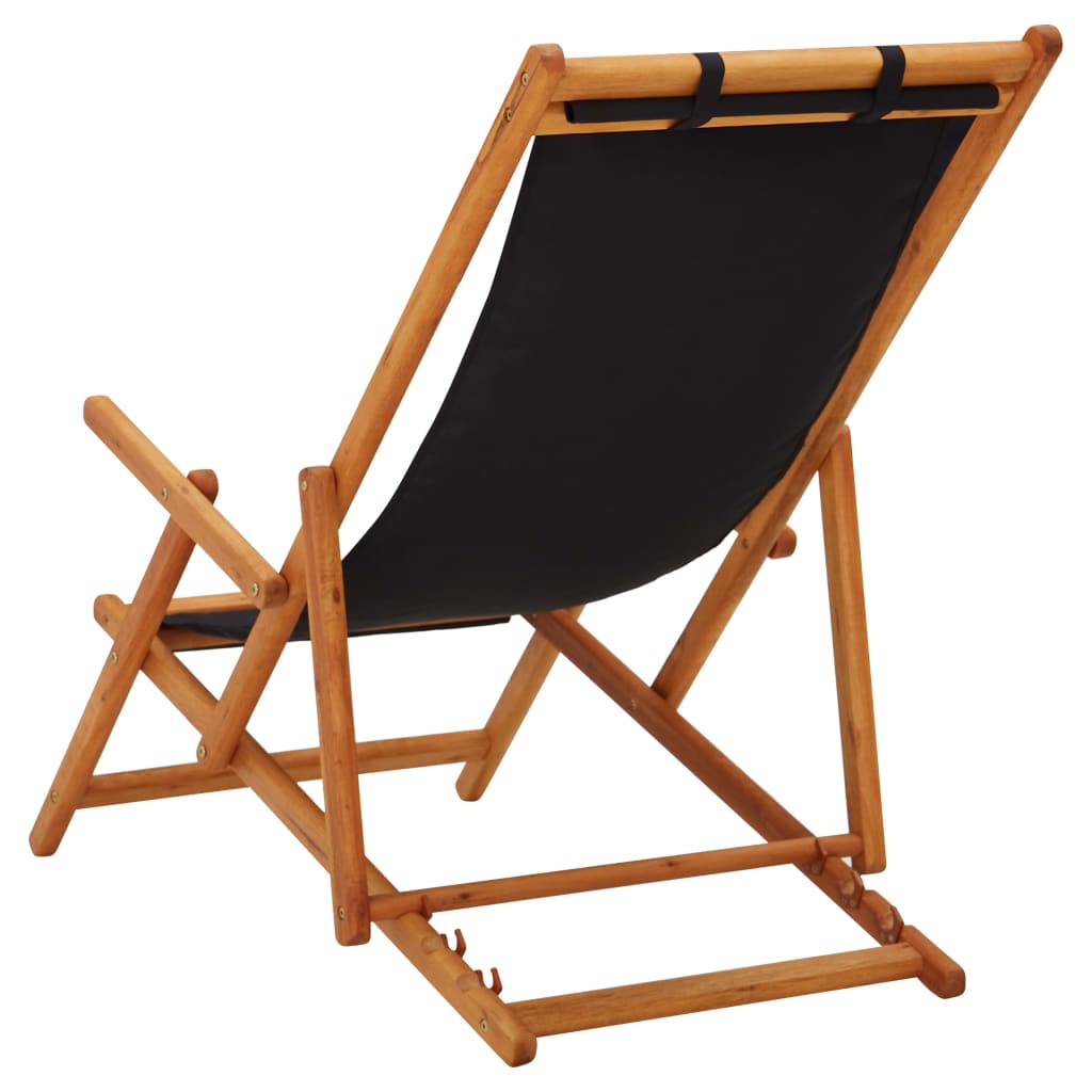 vidaXL Cadeira de praia dobrável madeira eucalipto maciça/tecido preto