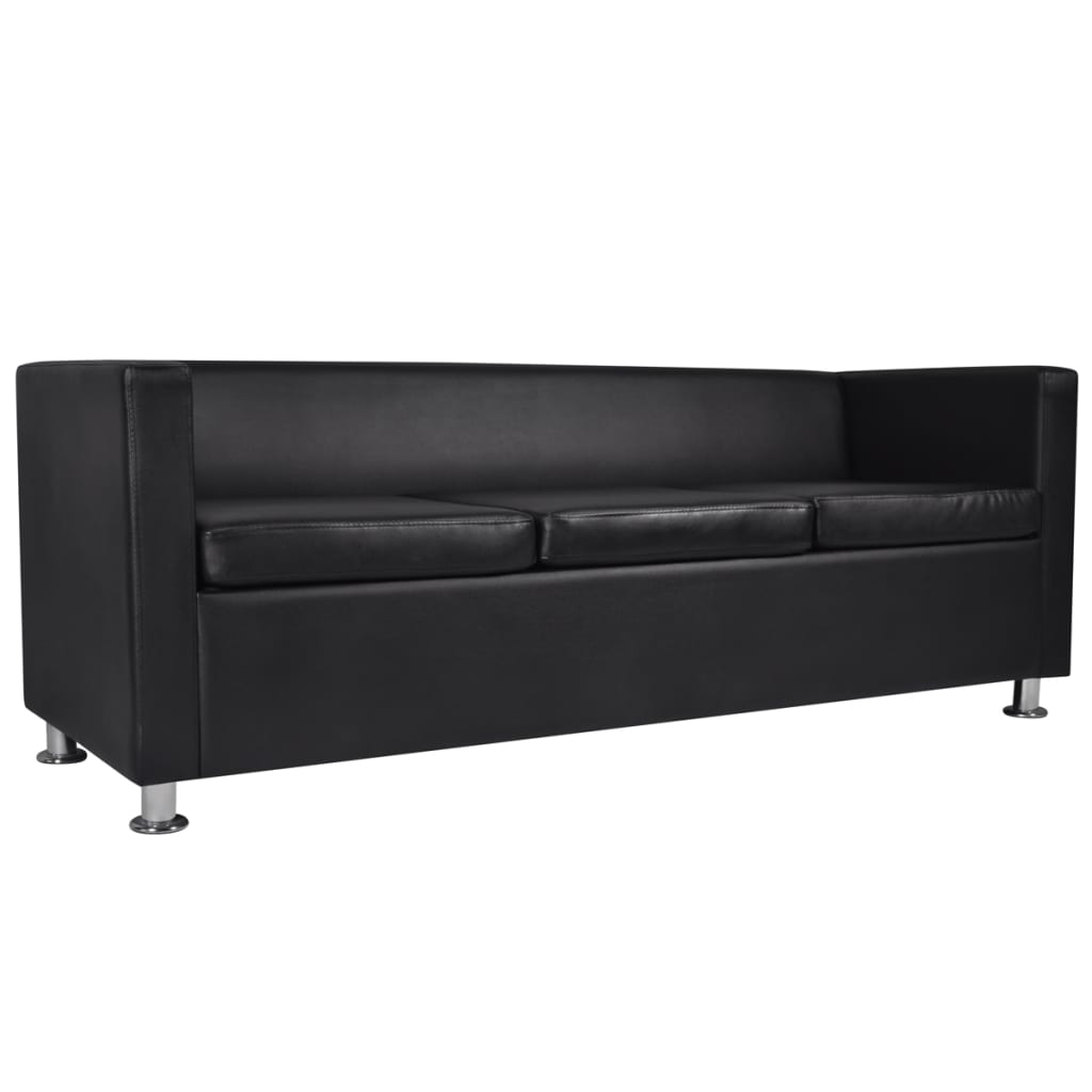 vidaXL Conjunto sofás de 2 e 3 lugares + poltrona couro artific. preto
