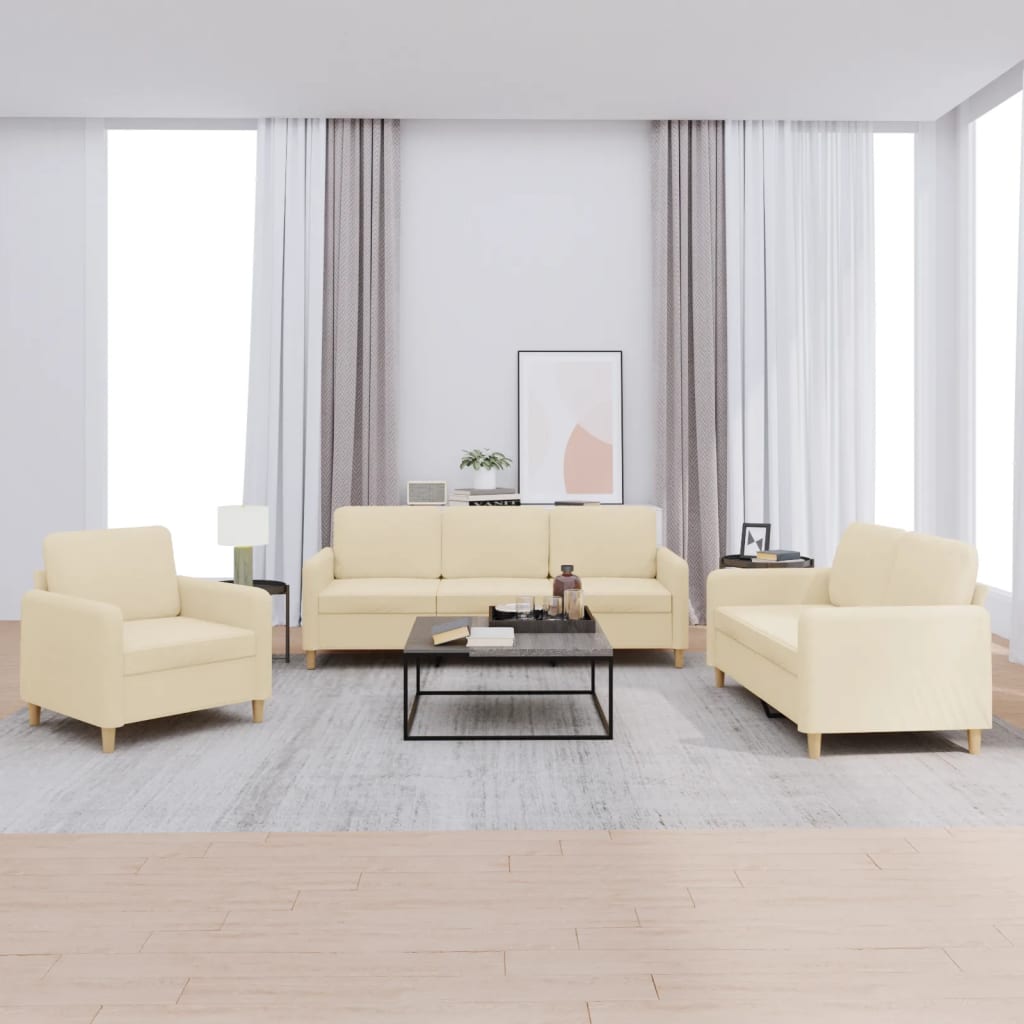 vidaXL 3 pcs conjunto de sofás com almofadões tecido cor creme
