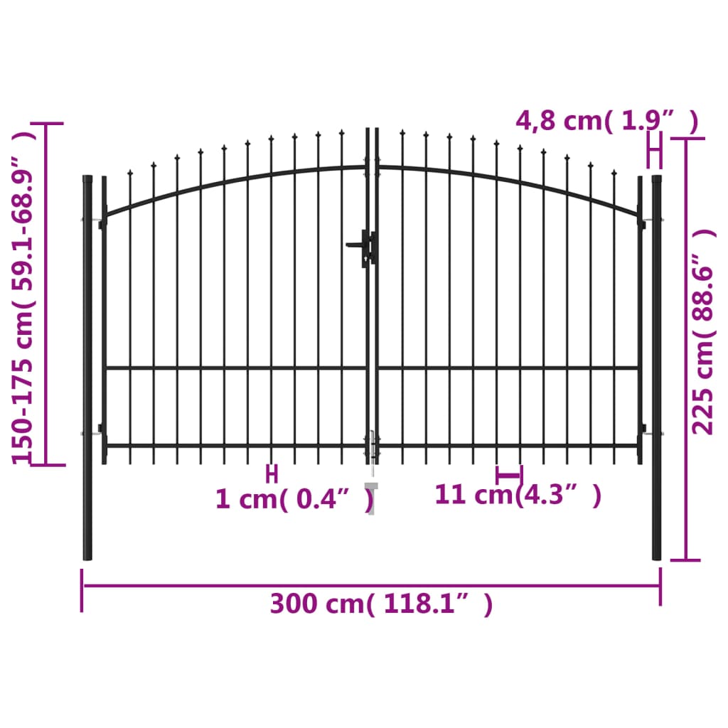 vidaXL Portão p/ cerca porta dupla topo em espetos 3x1,75 m aço preto
