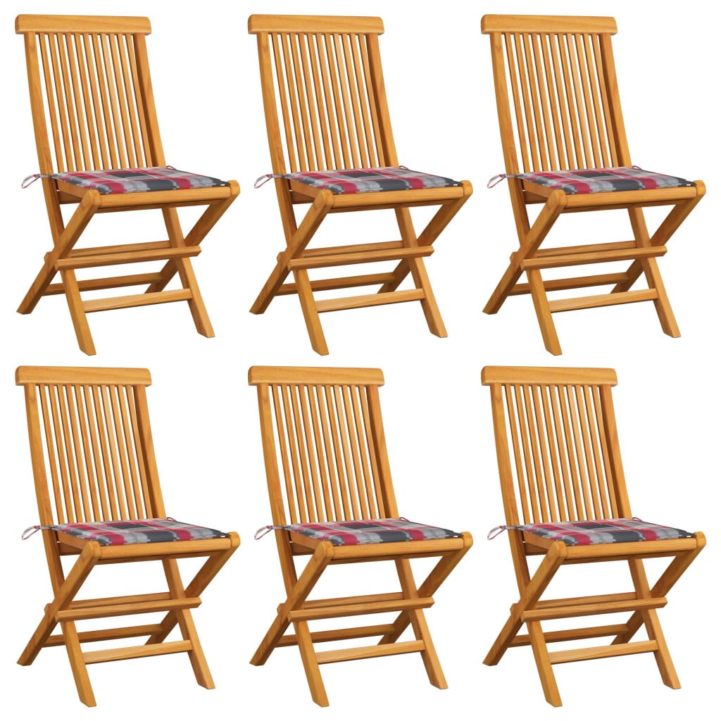 vidaXL Cadeiras de jardim c/ almofadões xadrez vermelho 6 pcs teca