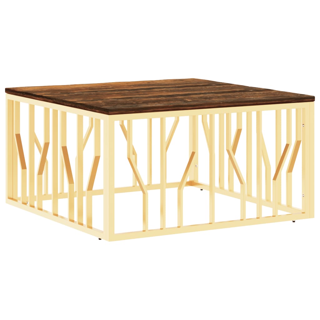 vidaXL Mesa de centro aço inoxidável/madeira recuperada maciça dourado