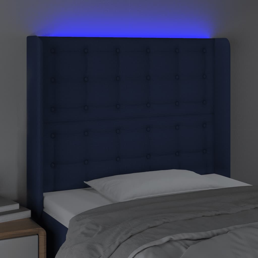 vidaXL Cabeceira de cama c/ luzes LED tecido 83x16x118/128 cm azul