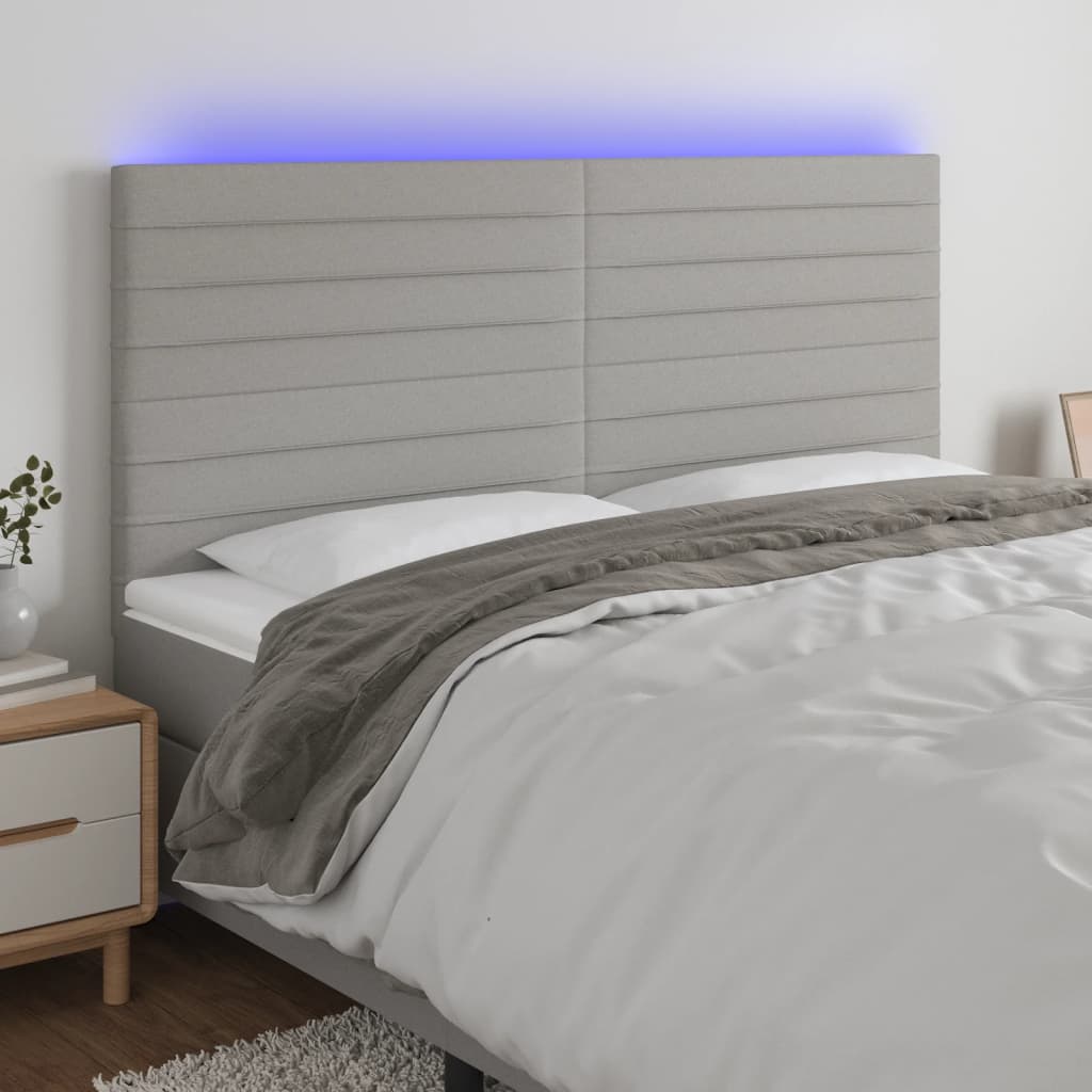 vidaXL Cabeceira cama c/ luzes LED tecido 180x5x118/128cm cinza-claro