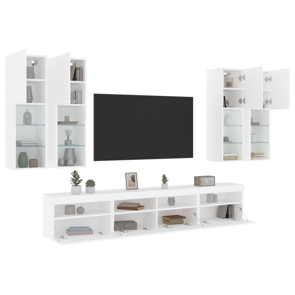 vidaXL 7 pcs conjunto de móveis de parede para TV com luzes LED branco