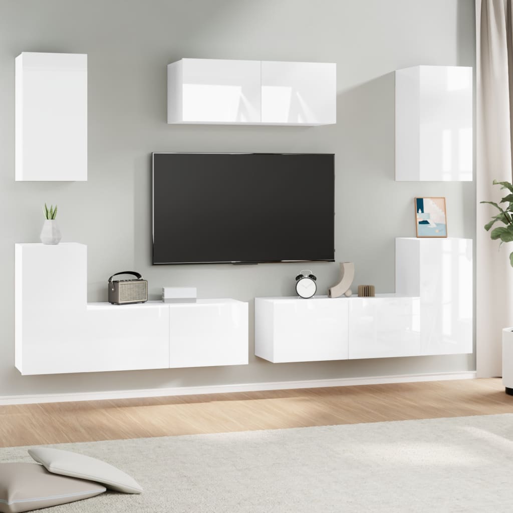 vidaXL 7 pcs conjunto móveis de TV madeira processada branco brilhante