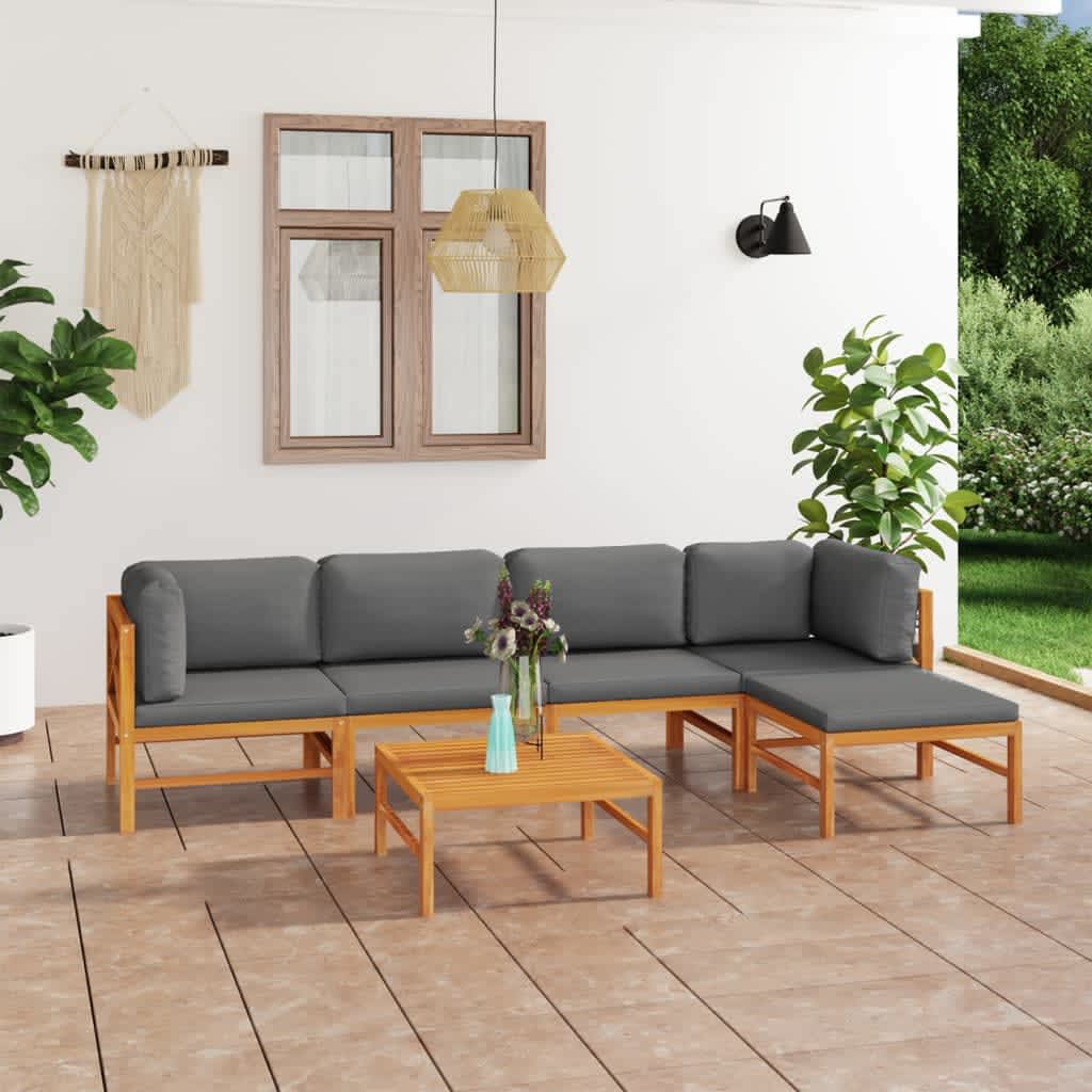 vidaXL 6 pcs conj. lounge de jardim + almofadões cinzentos teca maciça