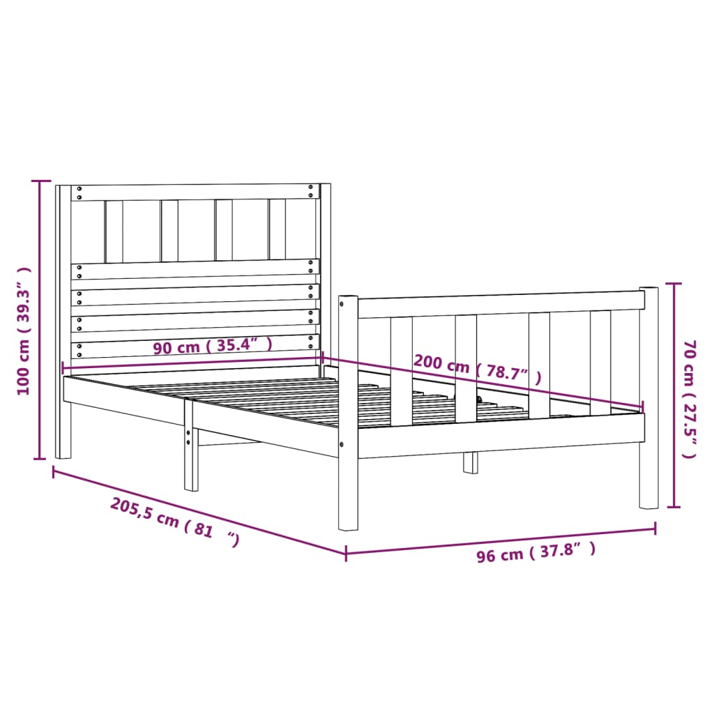 vidaXL Estrutura de cama 90 x 200 cm madeira maciça
