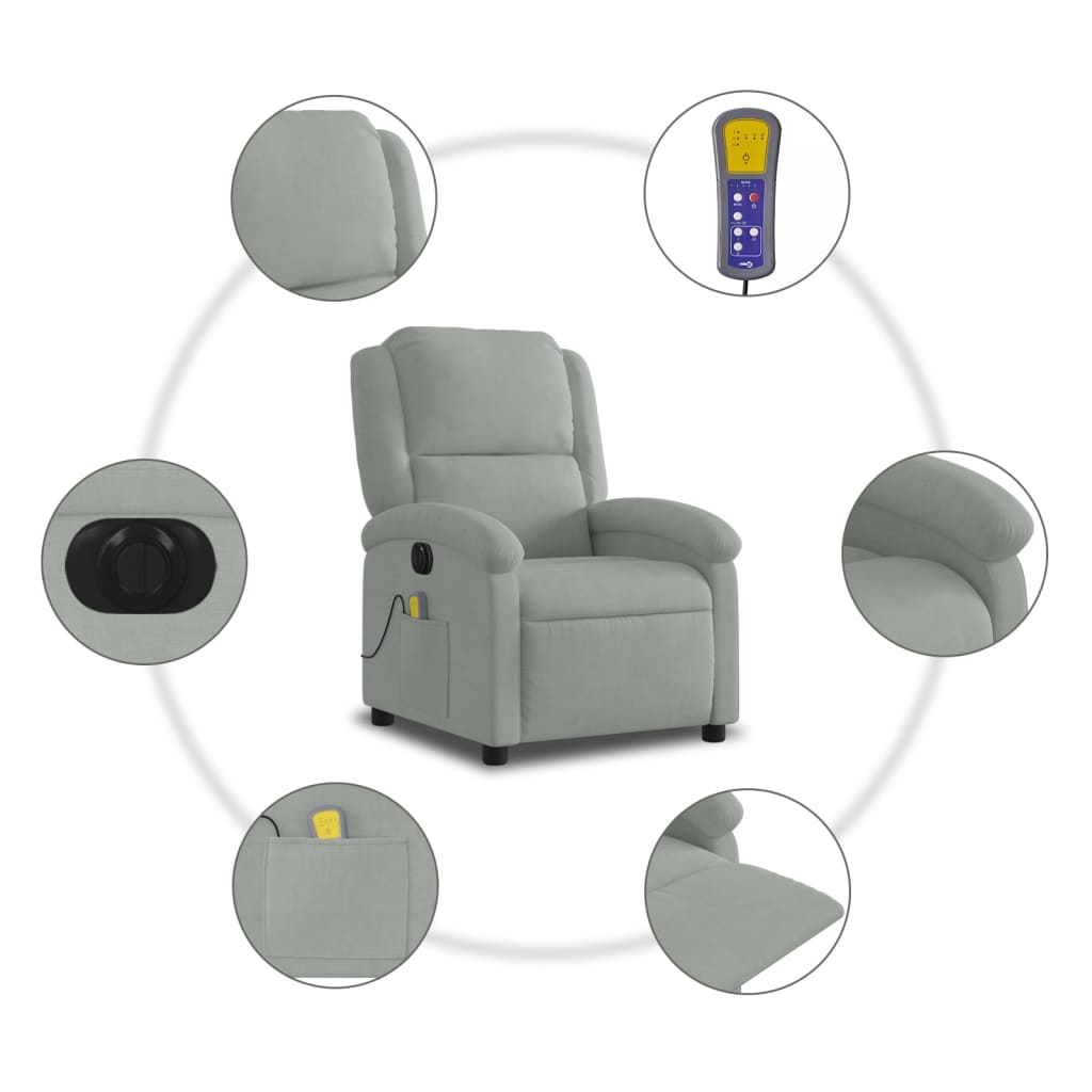 vidaXL Poltrona de massagens reclinável elétrica veludo cinzento-claro