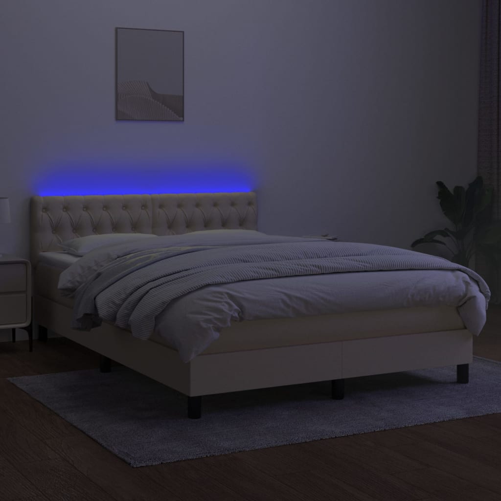 vidaXL Cama box spring c/ colchão e LED 140x190 cm tecido cor creme