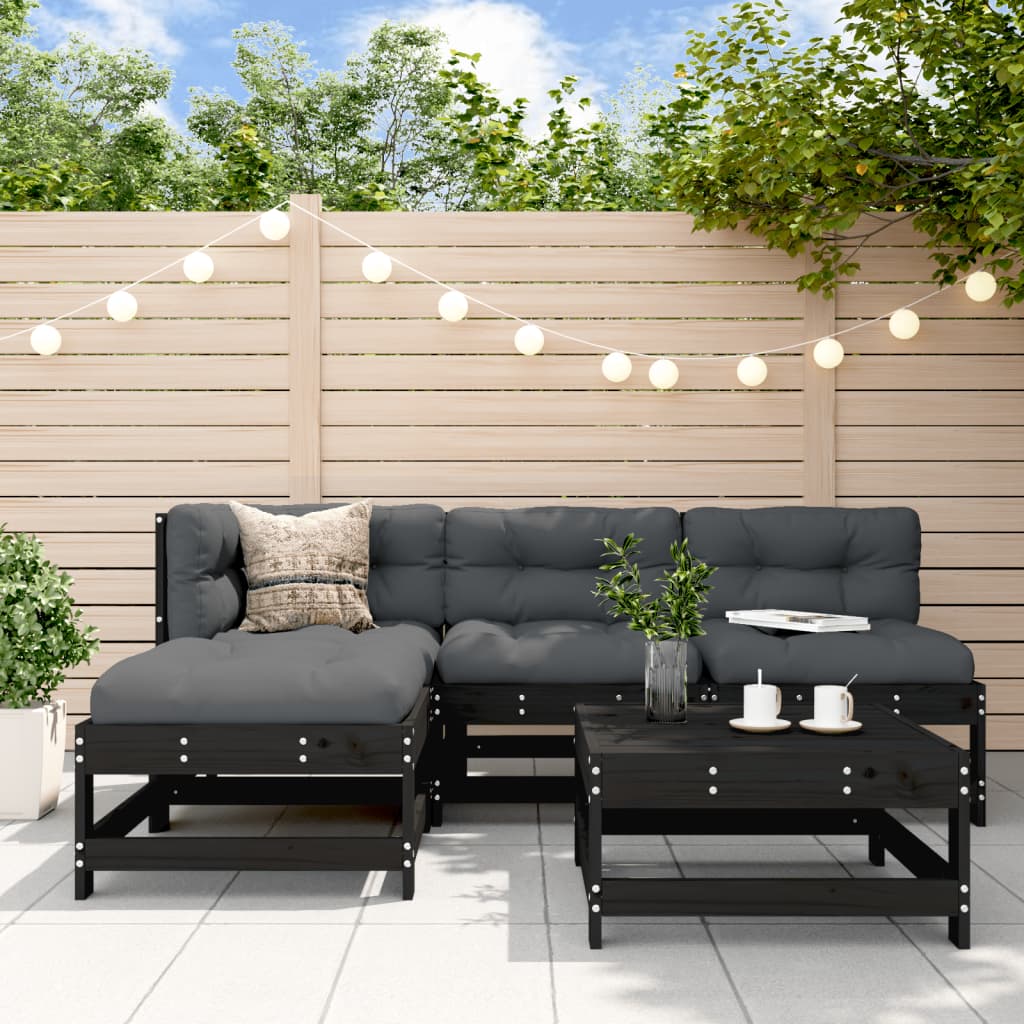 vidaXL 5pcs conjunto lounge jardim com almofadões madeira maciça preto