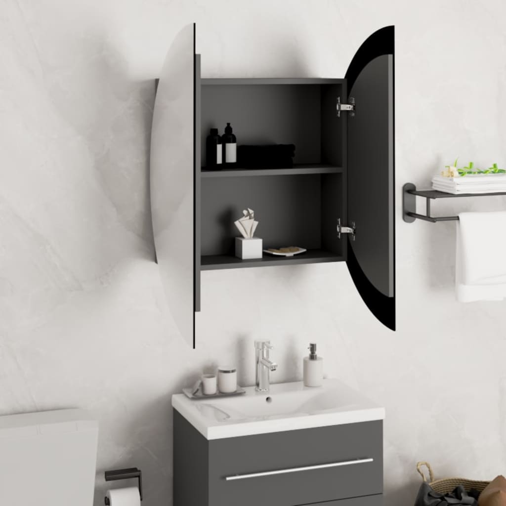 vidaXL Armário casa de banho + espelho redondo/LEDs 54x54x17,5cm cinza