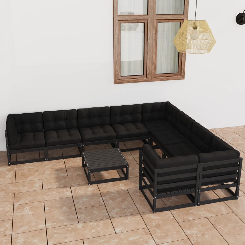 vidaXL 10 pcs conjunto lounge jardim c/ almofadões pinho maciço preto