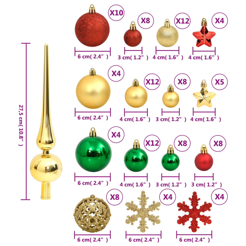 vidaXL 111pcs conj. enfeites Natal poliestireno vermelho/verde/dourado