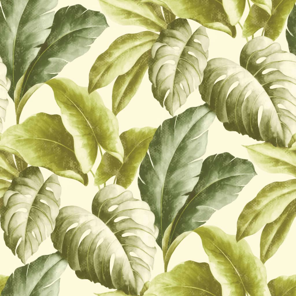 DUTCH WALLCOVERINGS Papel de parede folhas tropicais verde e branco