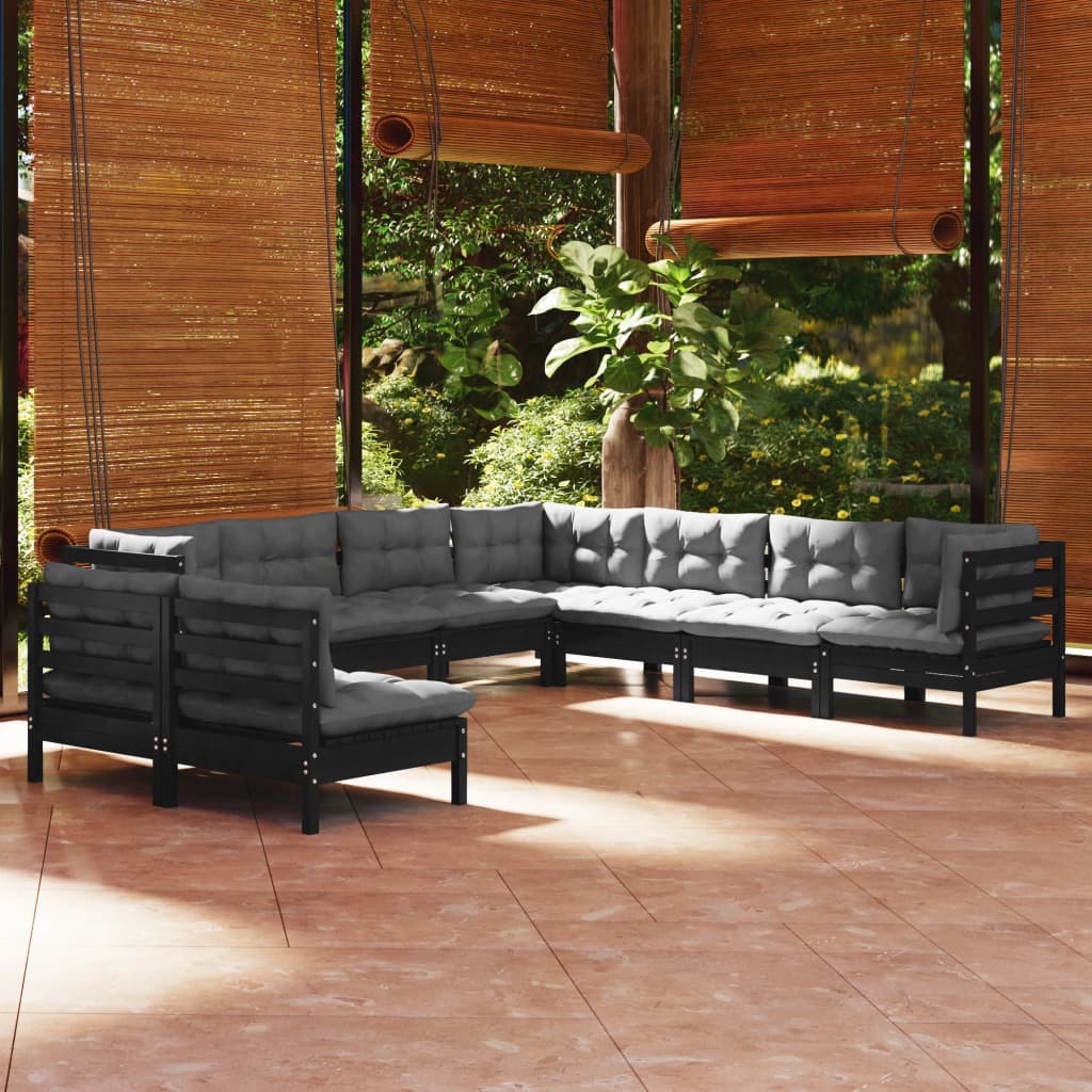 vidaXL 9 pcs conjunto lounge jardim c/ almofadões pinho maciço preto
